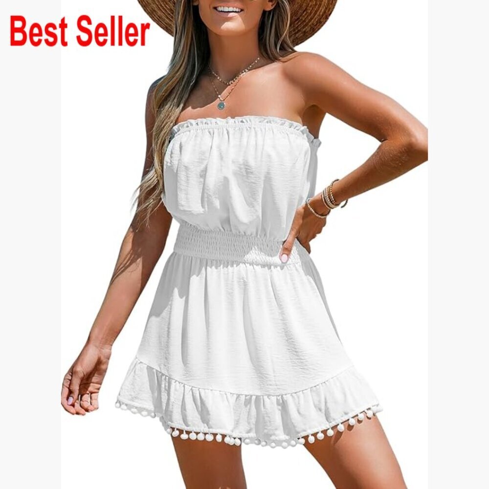 Polyester Rayon Strapless Tube Dress Smocked Pom Pom Beach Coverup